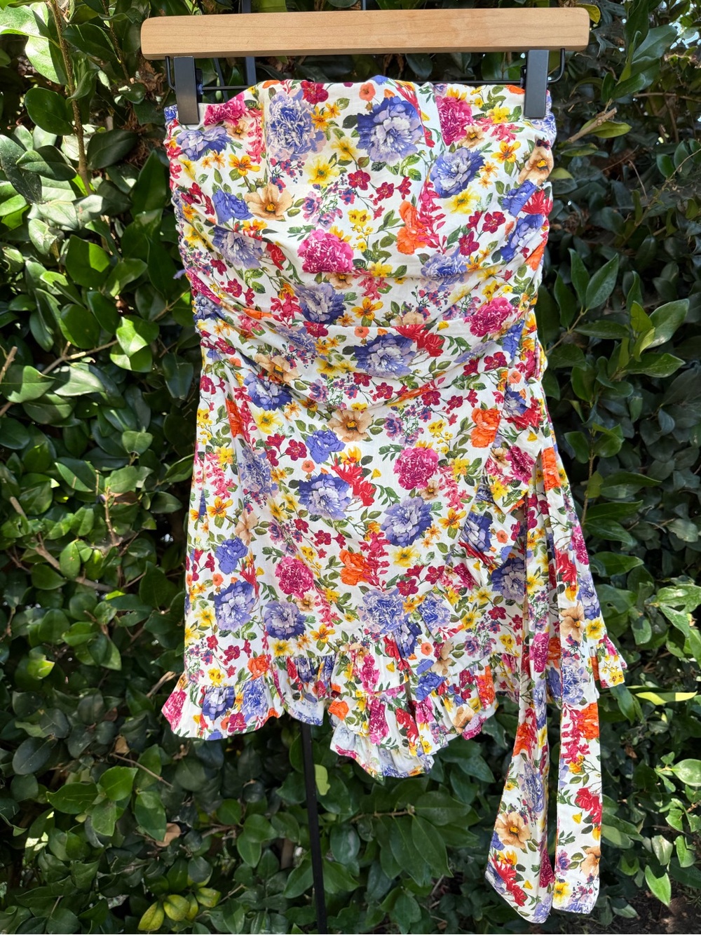 Floral Strapless Ruffled Mini Dress by Olivaceous